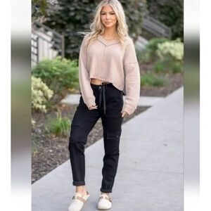 Judy blue High-rise Denim Cargo Stretch Joggers Black Tie Waist Size 5/27